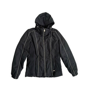 Nils Ski Snow Board Jacket Women 10 Black Thermal Soft Shell Zip Hood Pockets